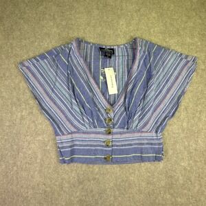 Francesca's Angie NWT Junior's Cropped Button Front Blouse Blue & Pink Stripe L‎